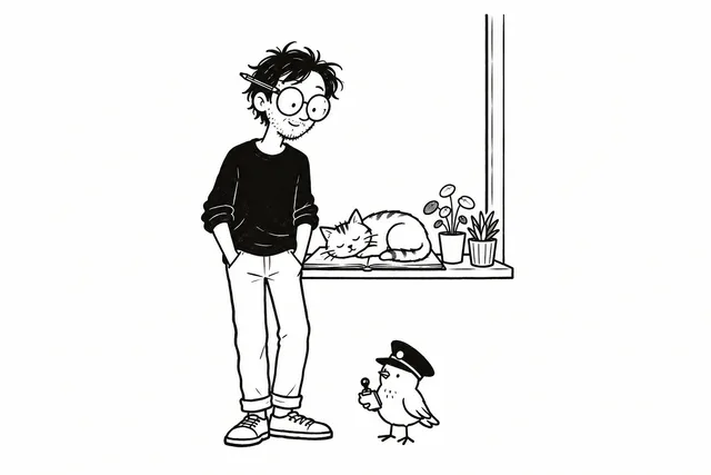 Der Lokpfogel steht mit einem kleinen Stempel vor einem Kater, der auf einem offenen Skizzenbuch schläft.