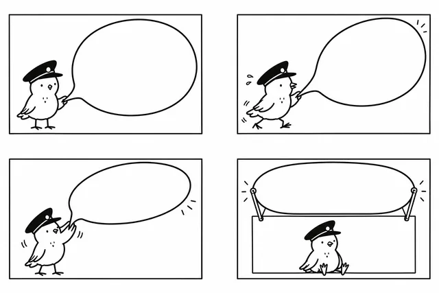 Der Lokpfogel versucht, eine riesige Sprechblase durch einen kleinen Comicrahmen zu schieben; im letzten Bild hängt die leere Blase als Fenster über dem Vogel.